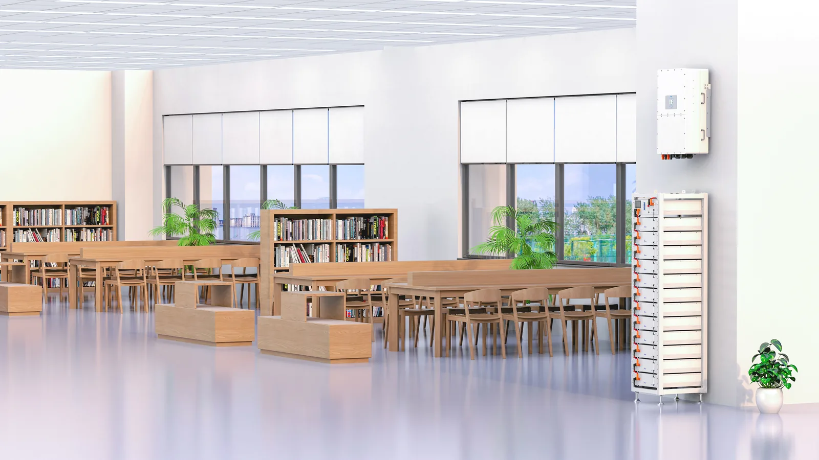 Deye BOS-G Pro battery system and inverter installed in a library