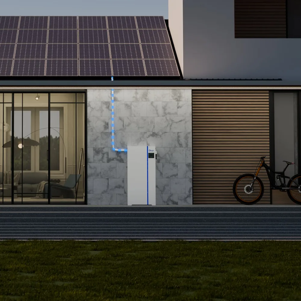 Deye AI-W5.1 AURA Series home battery installed on a modern home