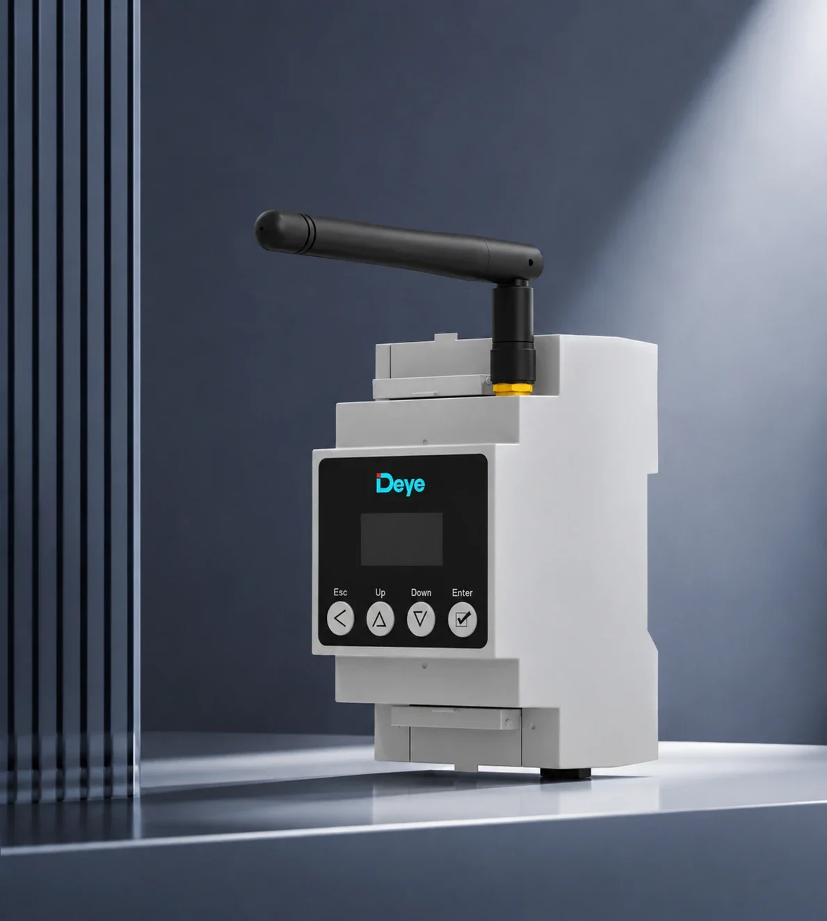 Deye Wireless CT on a DIN rail with its external antenna